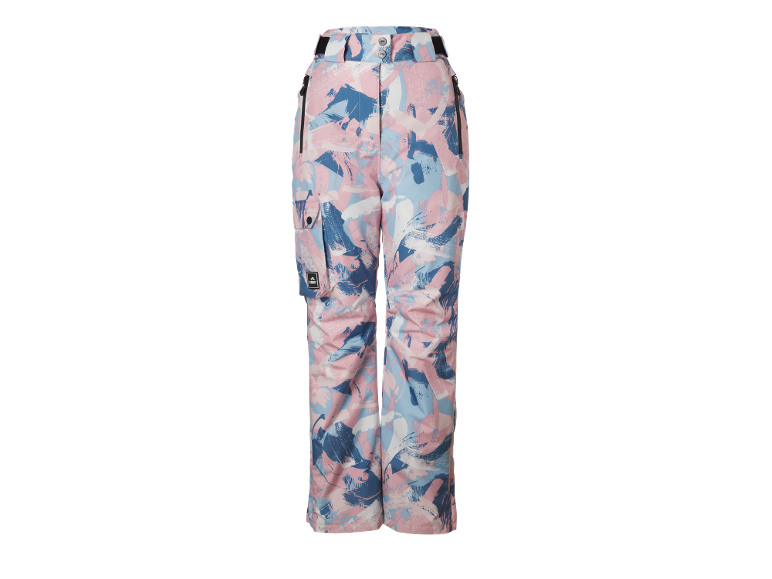 Rosa, blau und weiß gemusterte Skihose mit Taschen und Reißverschlüssen.