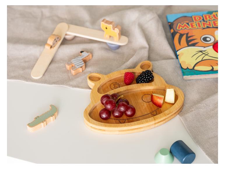 Bambus Kinderteller, Obst, Holzspielzeug Tiere.