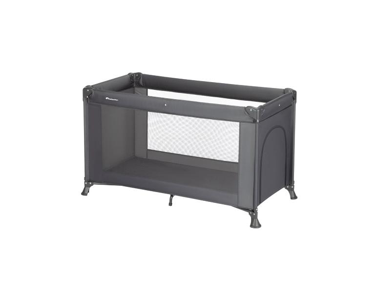 Dunkelgraues faltbares Reisebett mit Netzseiten