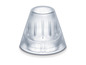 Eine transparente, konische Kunststoffkappe für ein Hörgerät.