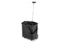 Eine schwarze Trolleytasche mit Rollen und einem Teleskopgriff.
