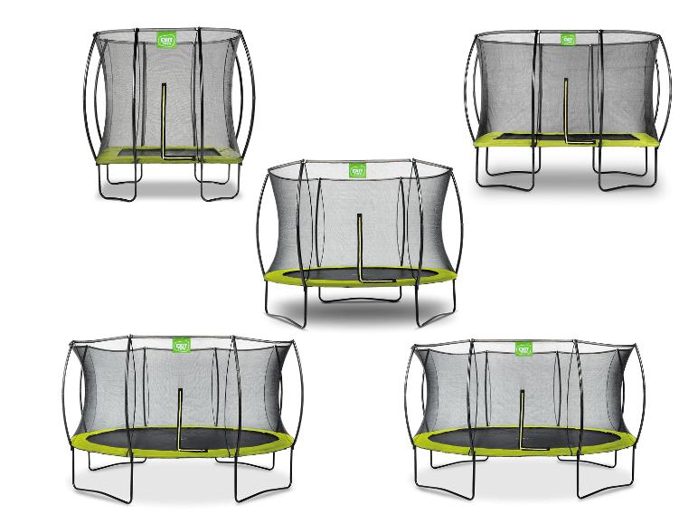 Fünf Trampoline mit Sicherheitsnetz und limettengrünem Rand auf weißem Hintergrund.