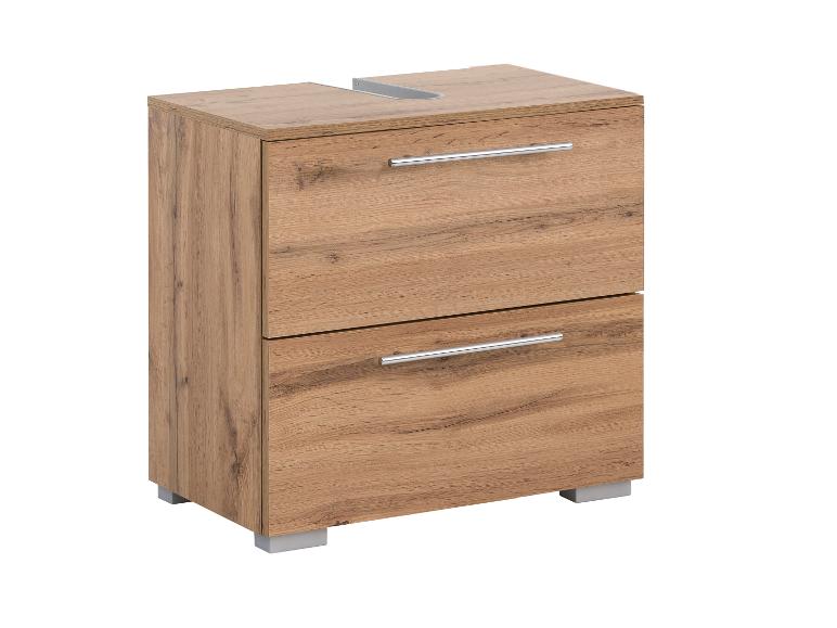 Holz-Badezimmerschrank mit zwei Schubladen und silbernen Griffen