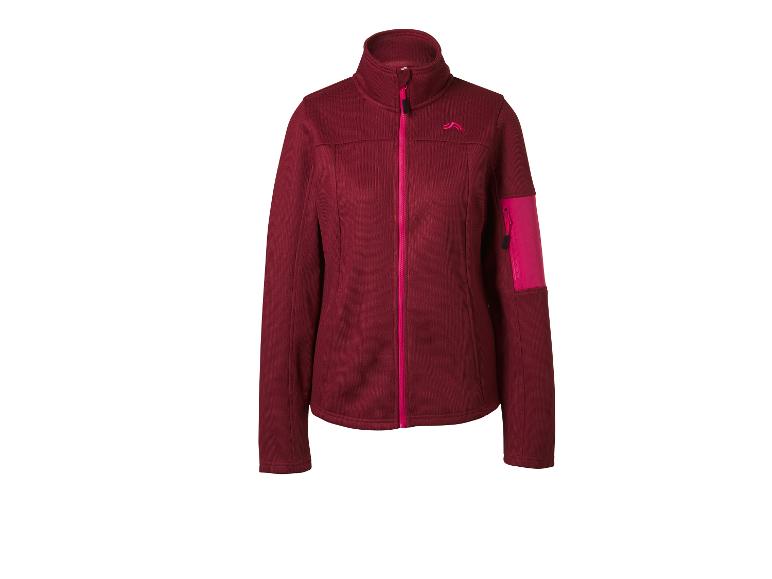 Bordeauxrote Damen-Fleecejacke mit pinkem Reißverschluss und Ärmeltasche.