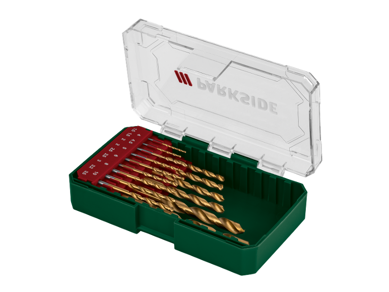 Set goldener Bohrer in grüner Box mit transparentem Deckel, Größen von 1.5 bis 10 mm.