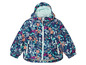 Eine blaue Kinderjacke mit Blumenmuster.