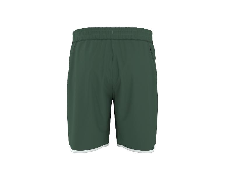 Dunkelgrüne Sportshorts mit weißem Saum am unteren Rand.