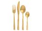 Goldfarbenes Besteckset: Gabel, Messer, Löffel und Teelöffel.