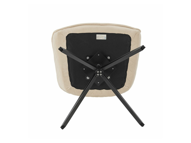 Beigefarbener Stuhl mit schwarzem Metallgestell.