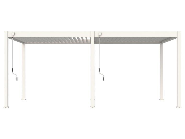 Eine weiße Metallpergola mit verstellbaren Lamellen.