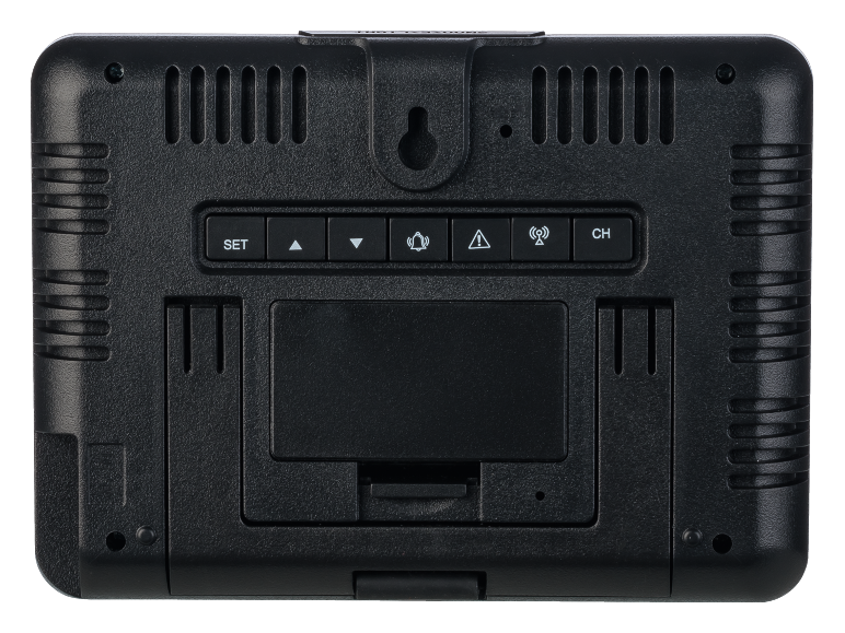 Schwarzes digitales Thermometer mit Knöpfen und Batteriefach.
