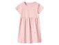 Rosa Kinderkleid mit kurzen Ärmeln und Tupfenmuster, mit gerafftem Rock.