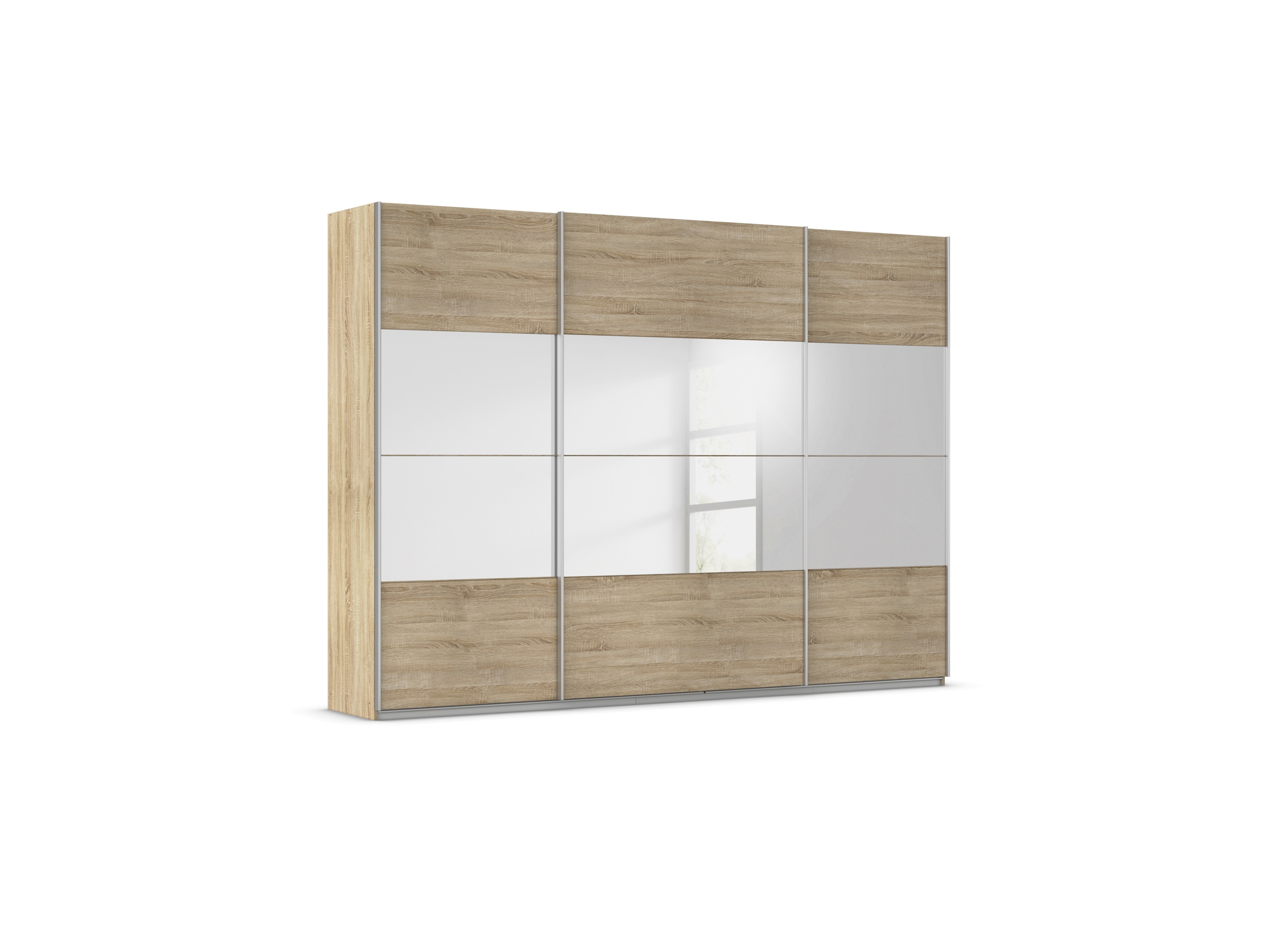 RAUCH ORANGE Quadra Schwebetürenschrank mit Spiegelelementen (Classic-Zubehör, Korpus: Eiche, 315 x 230 cm)
