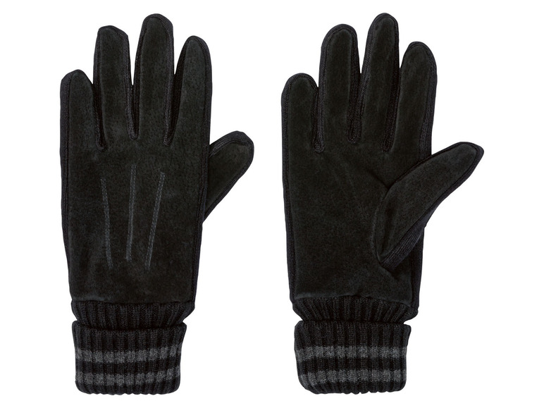 Ein Paar schwarze Lederhandschuhe mit Strickbündchen.