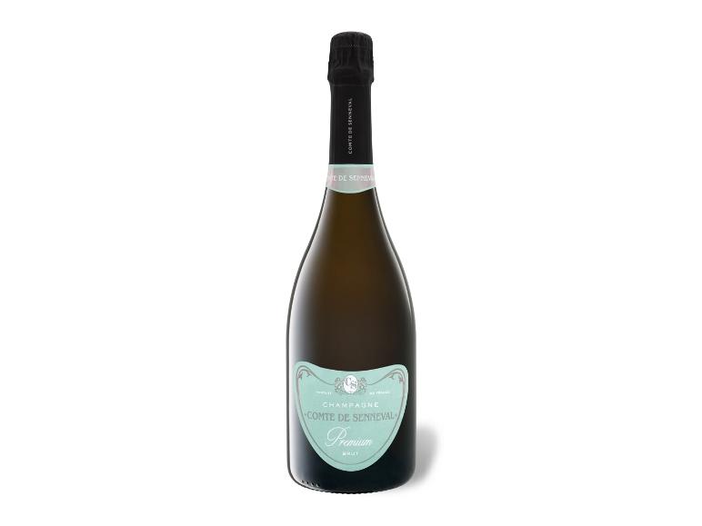 Flasche Comte de Senneval Premium Brut Champagner mit hellgrünem Etikett.