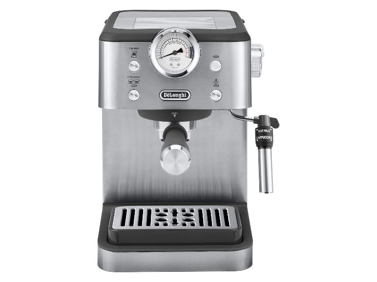 DeLonghi Espressomaschine aus Edelstahl mit Manometer und Milchaufschäumer.