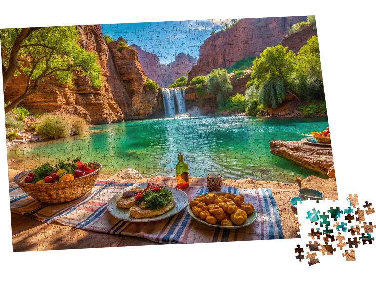 Ein Puzzle, das ein idyllisches Picknick an einem türkisfarbenen See mit Wasserfall zeigt.