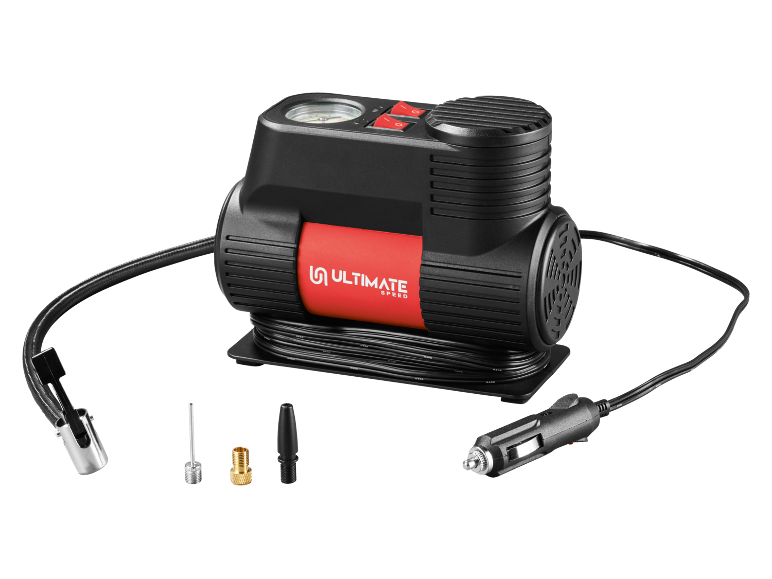 Tragbarer Luftkompressor mit Manometer, Netzkabel und verschiedenen Düsen.