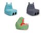 Blaue und graue Beanbags in Form eines Flusspferdes mit einem grünen Dinosaurier-förmigen Beanbag.