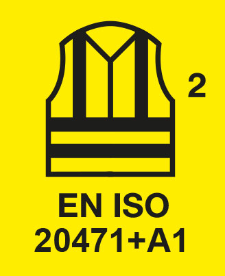 EN ISO 20471+A1, Klasse 2 Etikett für eine Warnweste.