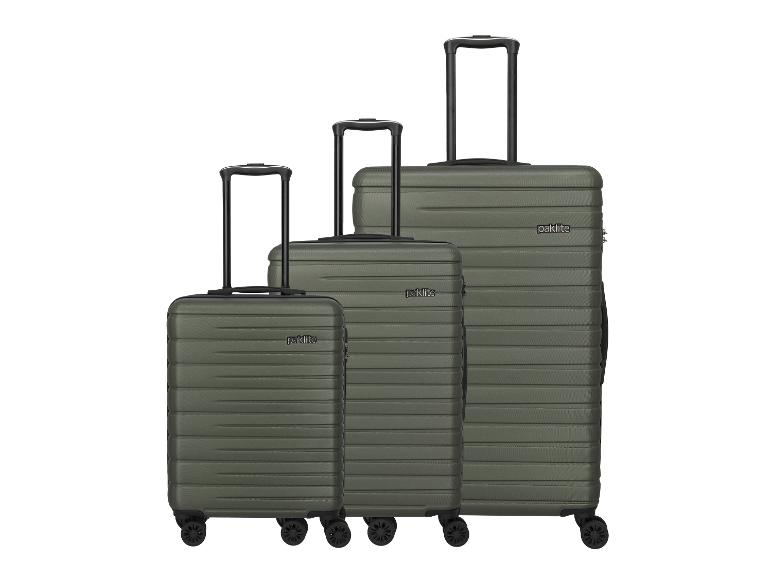 Set aus drei olivgrünen Koffern mit ausziehbaren Griffen und Rollen.