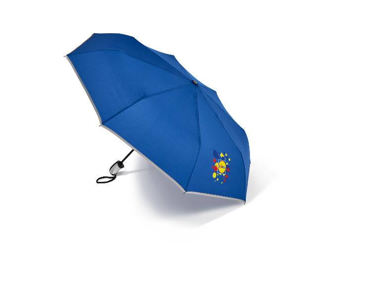 Blauer Regenschirm mit bunten Mustern und Logo.