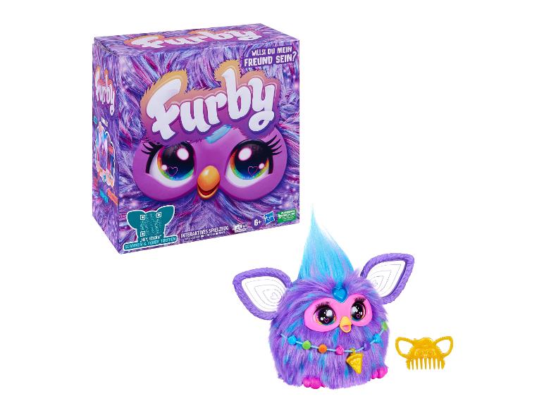 Lila Furby-Spielzeug in der Box und separat mit Kamm