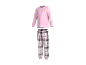 Rosa Langarm-Pyjamaoberteil mit Croissant-Grafik und karierte Pyjamahose.