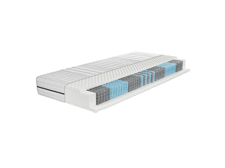 Ein Schnitt durch eine Matratze mit Taschenfederkern und einer Schaumstoff-Oberseite.