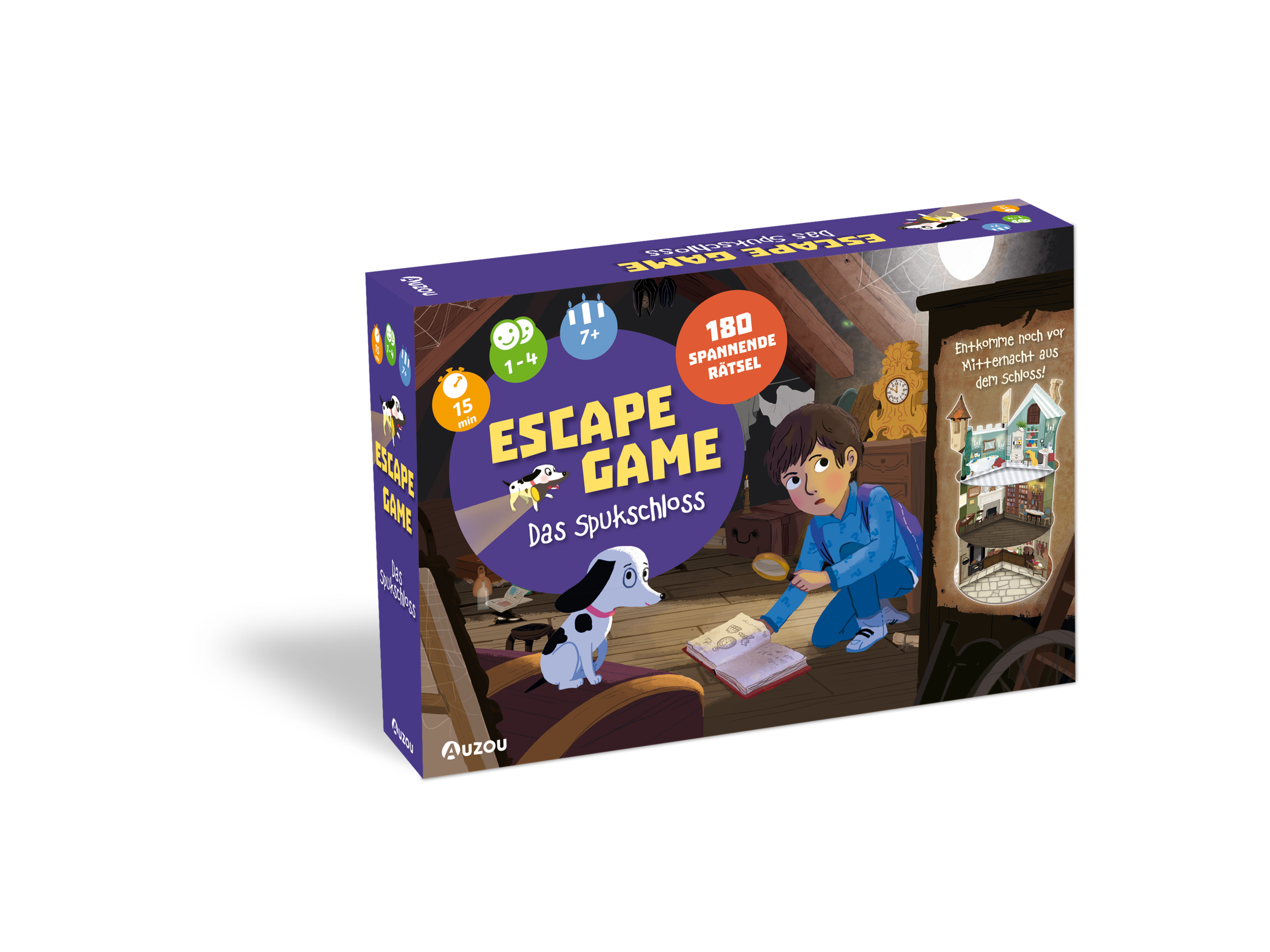 Auzou Kinderspiel »Escape Game – Das Spukschloss«““ | 1 Spiegelkarte, 1 rote Decodierkarte, 180 Rätselkarten