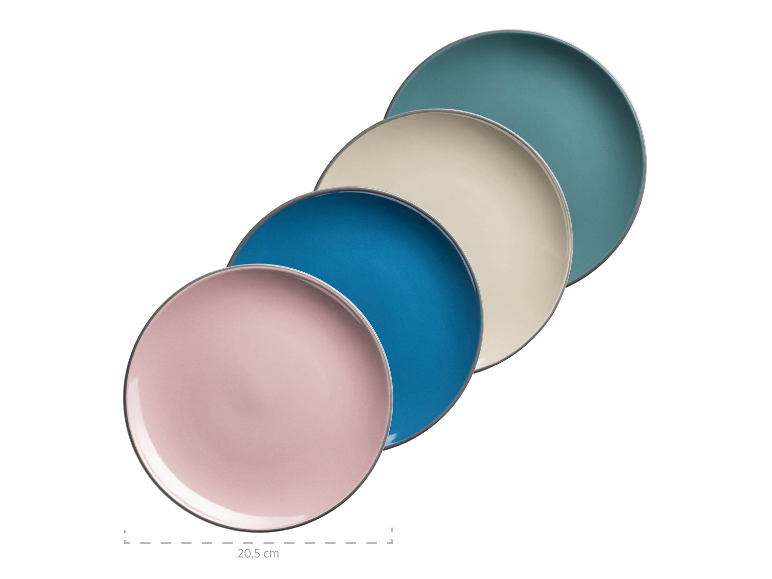 Vier bunte Teller in Rosa, Blau, Creme und Türkis, 20,5 cm groß.