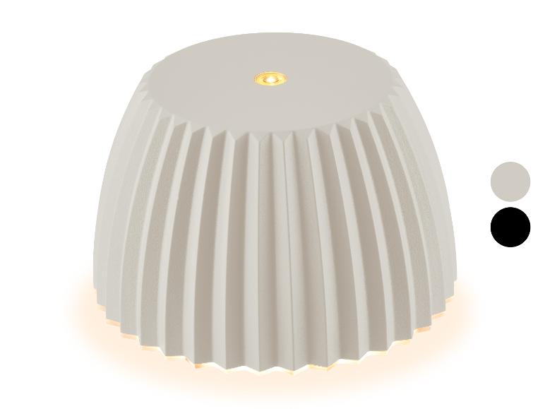 Weiße Tischlampe mit plissiertem Schirm und zwei Farboptionen.