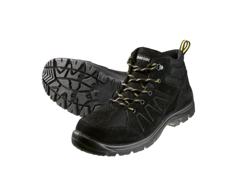 Parkside Arbeitsschuhe aus schwarzem Veloursleder mit gelb-grünen Schnürsenkeln.