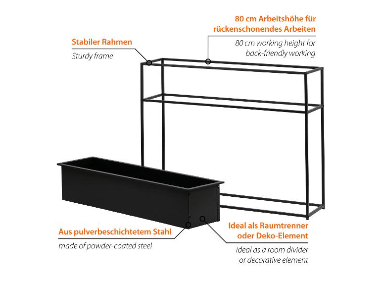 Schwarzer Metall-Pflanzkasten mit stabilem Rahmen, 80 cm Arbeitshöhe, ideal als Raumteiler.