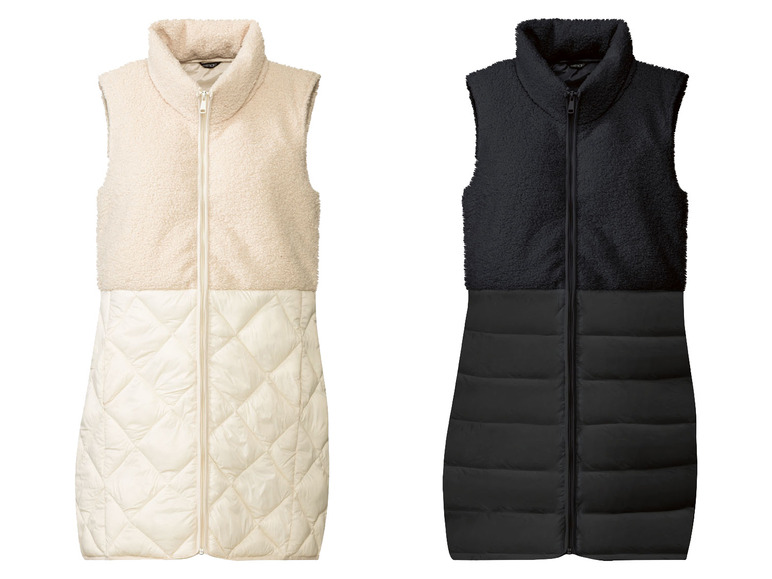 Zwei lange Westen mit Fleece- und Steppfutter, eine in Weiß und eine in Schwarz.