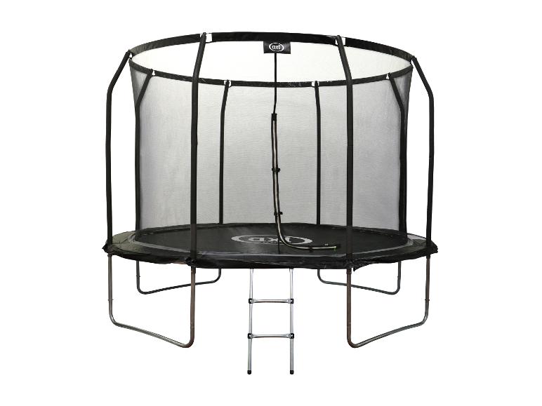 Schwarzes rundes Trampolin mit Sicherheitsnetz und Leiter, auf weißem Hintergrund.