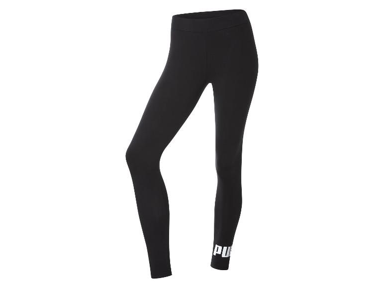 Schwarze Damen-Leggings mit weißem Logo am Bein.