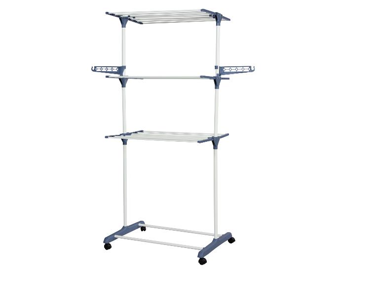 Dreistöckiger Wäscheständer mit Rollen, mit blauen und weißen Komponenten.