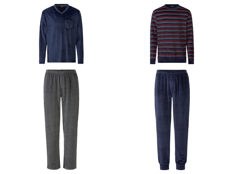 Zwei Herren-Pyjama-Sets, eines mit gestreiftem Oberteil und eines mit einfarbigem Oberteil.