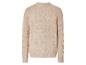 Beigefarbener Strickpullover mit Zopfmuster.