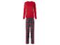 Rotes Langarmshirt und rot-grüne karierte Pyjamahose.