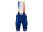 Eine blaue Fahrradhose mit Trägern von Santini mit dem Logo von Trek und Lidl.