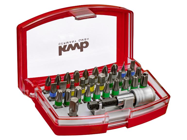 Rotes Gehäuse mit verschiedenen Schraubendreher-Bits und Bithalter, Text „KMP“ und „GERMANY GMBH“