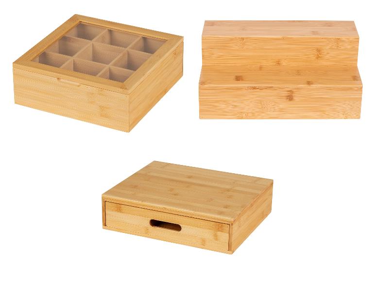 Bambus-Boxen und -Organizer:  Teekiste mit Fächern, zweistufiges Regal und Box mit Schublade.