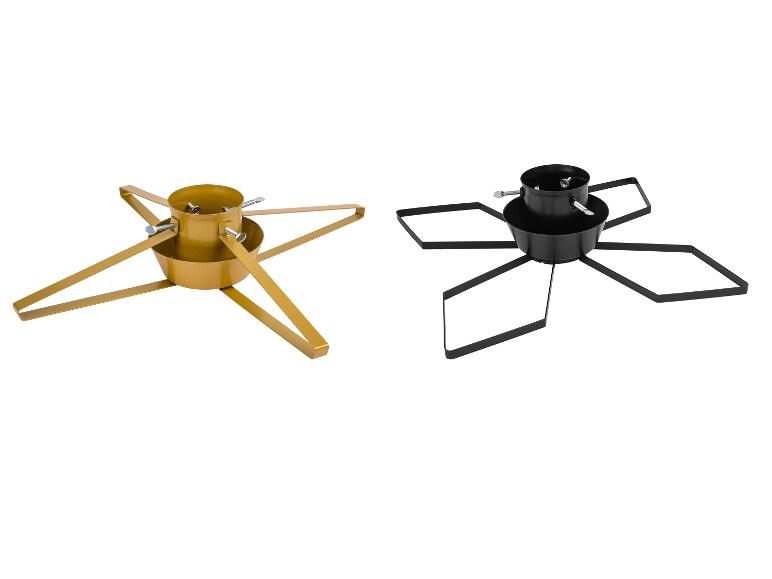 Zwei Christbaumständer, einer gold und einer schwarz.