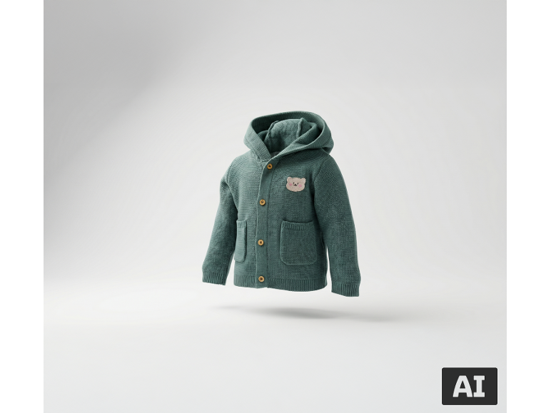 Gestrickte Kapuzenstrickjacke für Babys in Petrol mit Bärenaufnäher und Holzknöpfen.