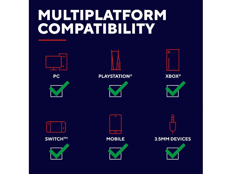 Multiplattform-Kompatibilität: PC, PlayStation, Xbox, Switch, Mobilgeräte und 3.5mm-Geräte.