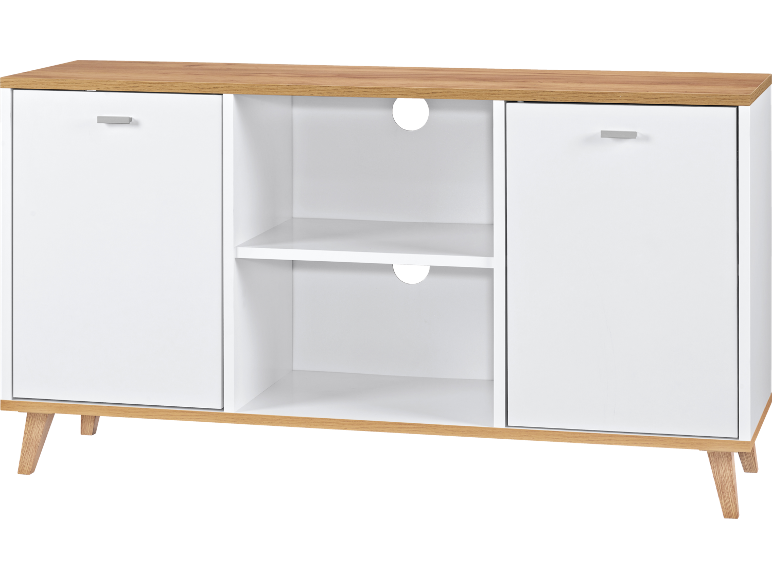 Weißer und hellbrauner TV-Schrank mit zwei Schränken und offenen Regalen