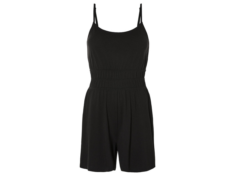 Ein schwarzer Jumpsuit mit Spaghettiträgern.