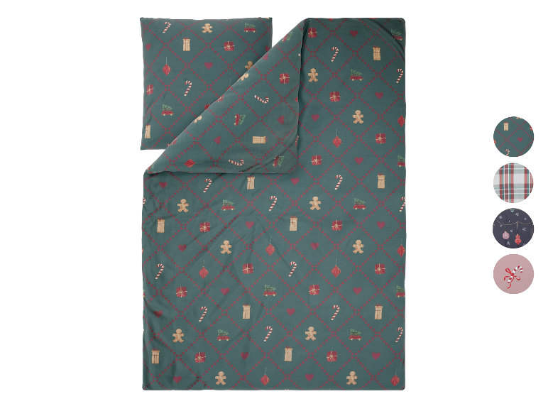 LIVARNO® Mikrofaser-Satin-Bettwäsche mit Weihnachtsmotiven: Lebkuchenmänner, Geschenke und Zuckerstangen auf grünem Hintergrund.